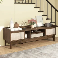 Tangkula Farmhouse TV Stand for TVs up to 65”, Mid Century Modern TV Console Table w/Storage (Walnut, 59”L, up to 65