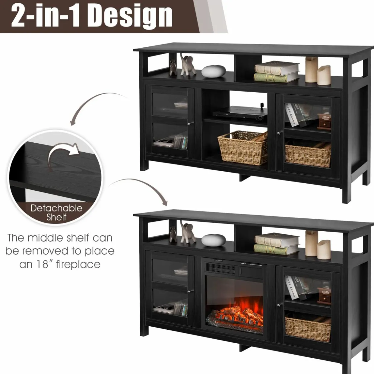 Tangkula Farmhouse TV Stand for TVs up to 65" Flat Screen, Wooden TV Console Table w/2 Cabinets & 4 Shelves