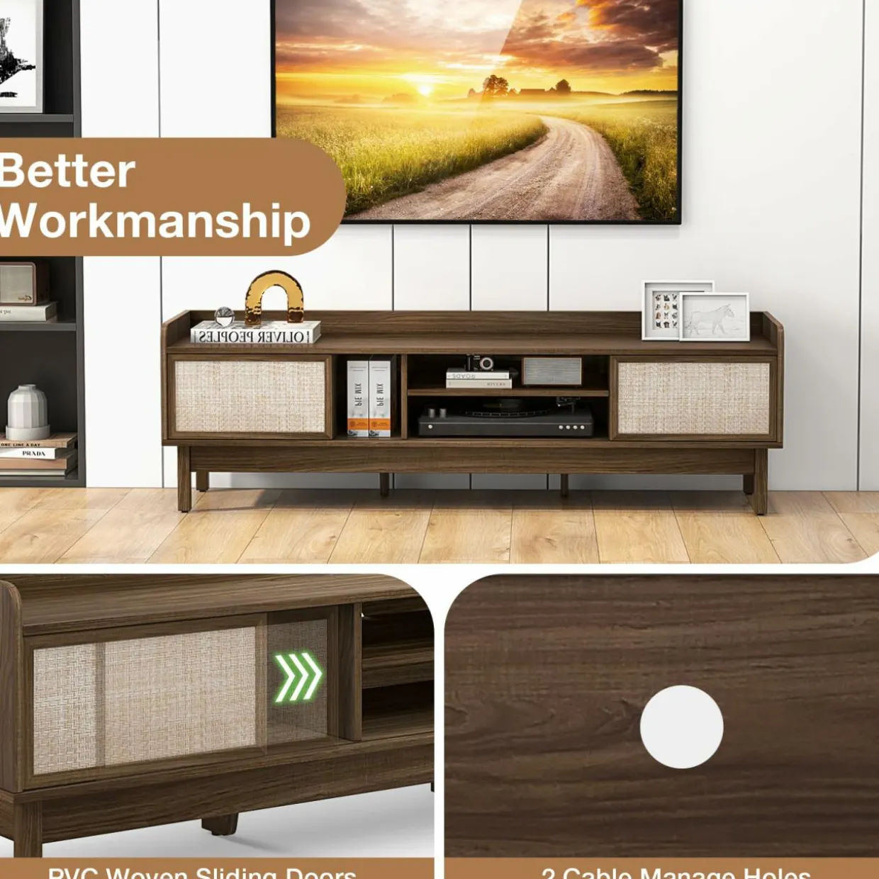 Tangkula Farmhouse TV Stand for TVs up to 65”, Mid Century Modern TV Console Table w/Storage (Walnut, 59”L, up to 65"TV)