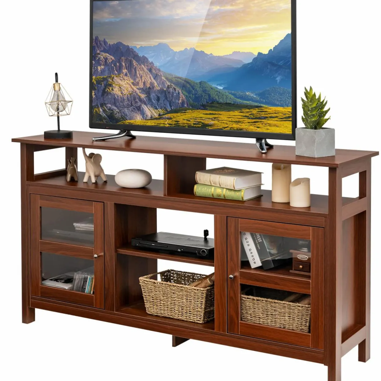 Tangkula Farmhouse TV Stand for TVs up to 65" Flat Screen, Wooden TV Console Table w/2 Cabinets & 4 Shelves