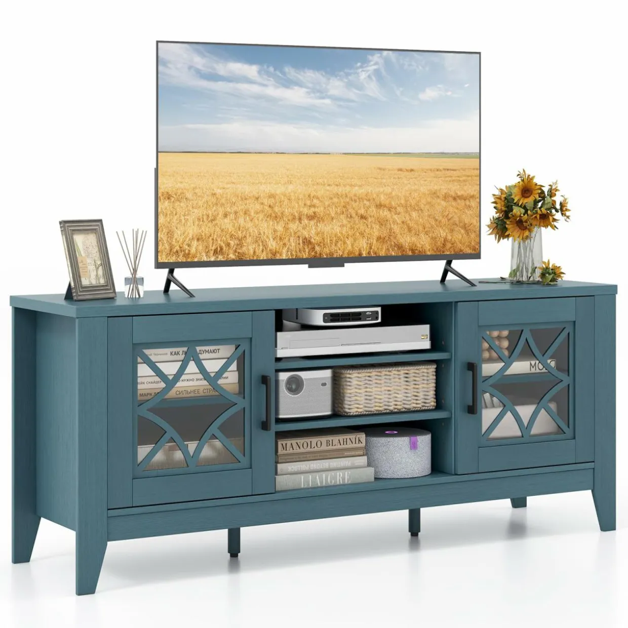 Tangkula Farmhouse TV Stand for TVs Up to 65-in, Classic Media Entertainment Center w/Glass Door Cabinets & 4 Adjustable Shelves