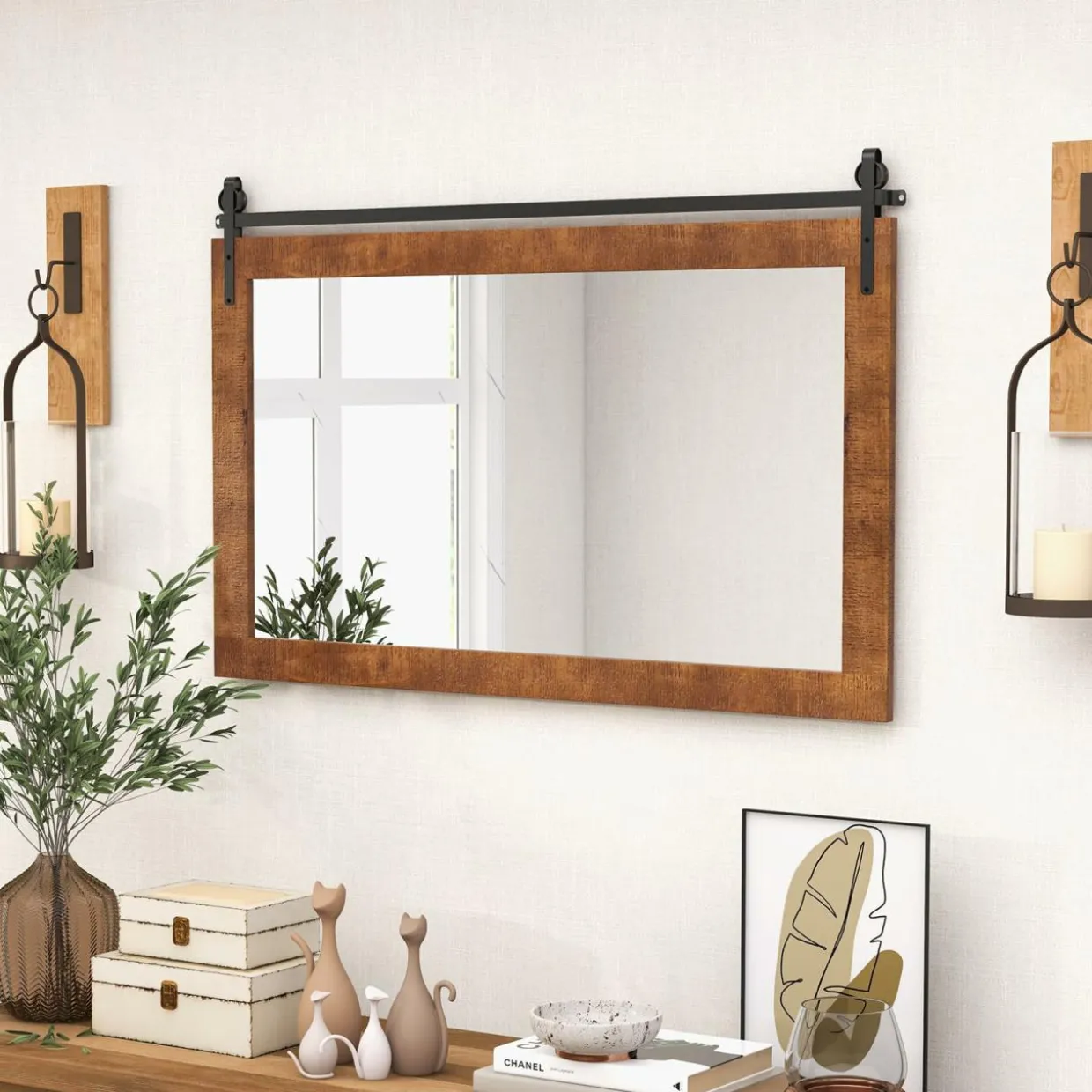 Tangkula Farmhouse Wall Mirror, 40" x 26" Rustic Bathroom Mirror with Fir Wood Frame