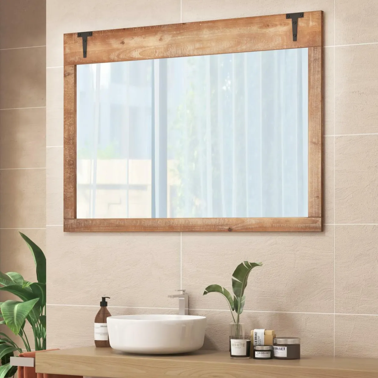 Tangkula Farmhouse Wall Mirror, 39" x 27.5" Rustic Barn Door Mirror w/Wood Frame