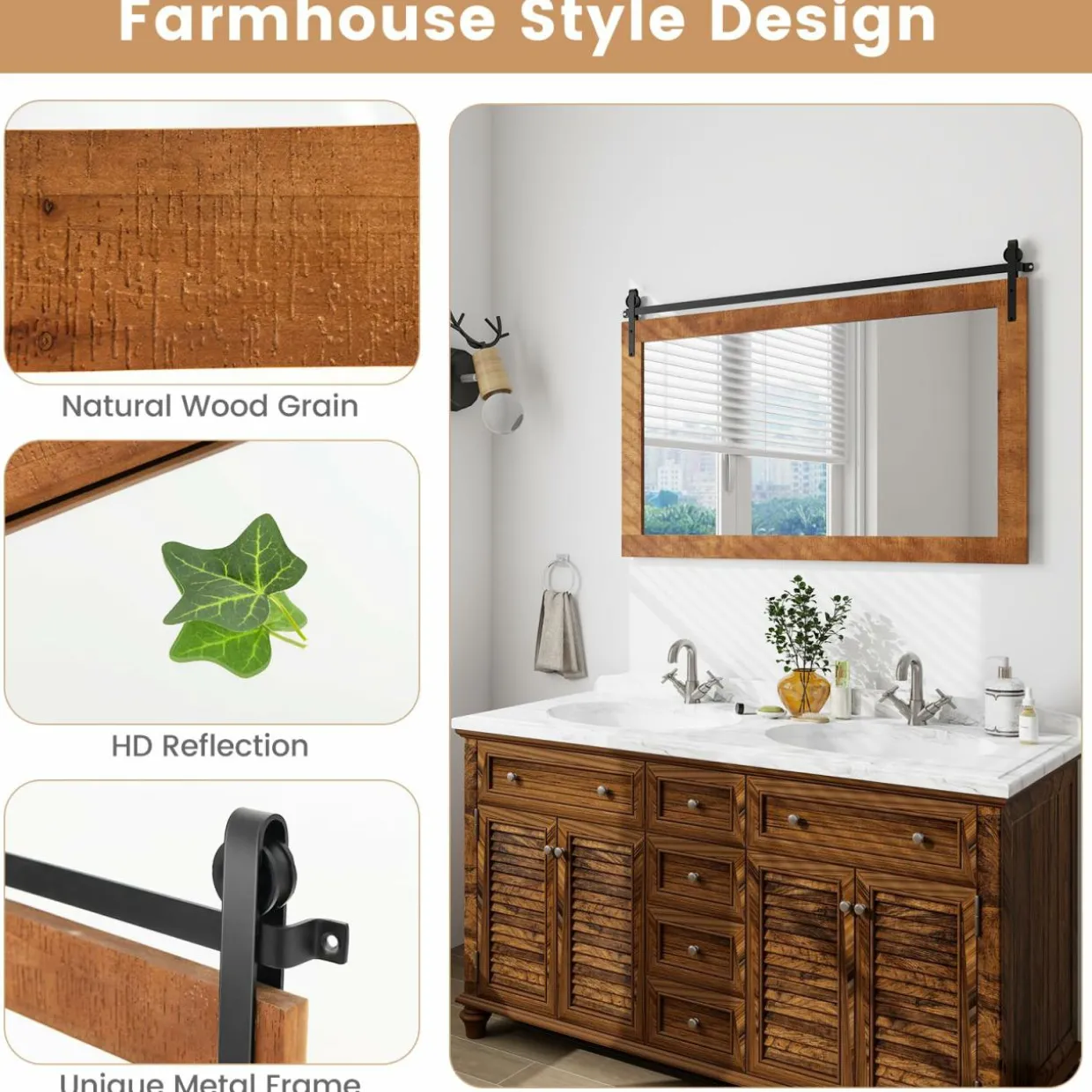 Tangkula Farmhouse Wall Mirror, 40" x 26" Rustic Bathroom Mirror with Fir Wood Frame