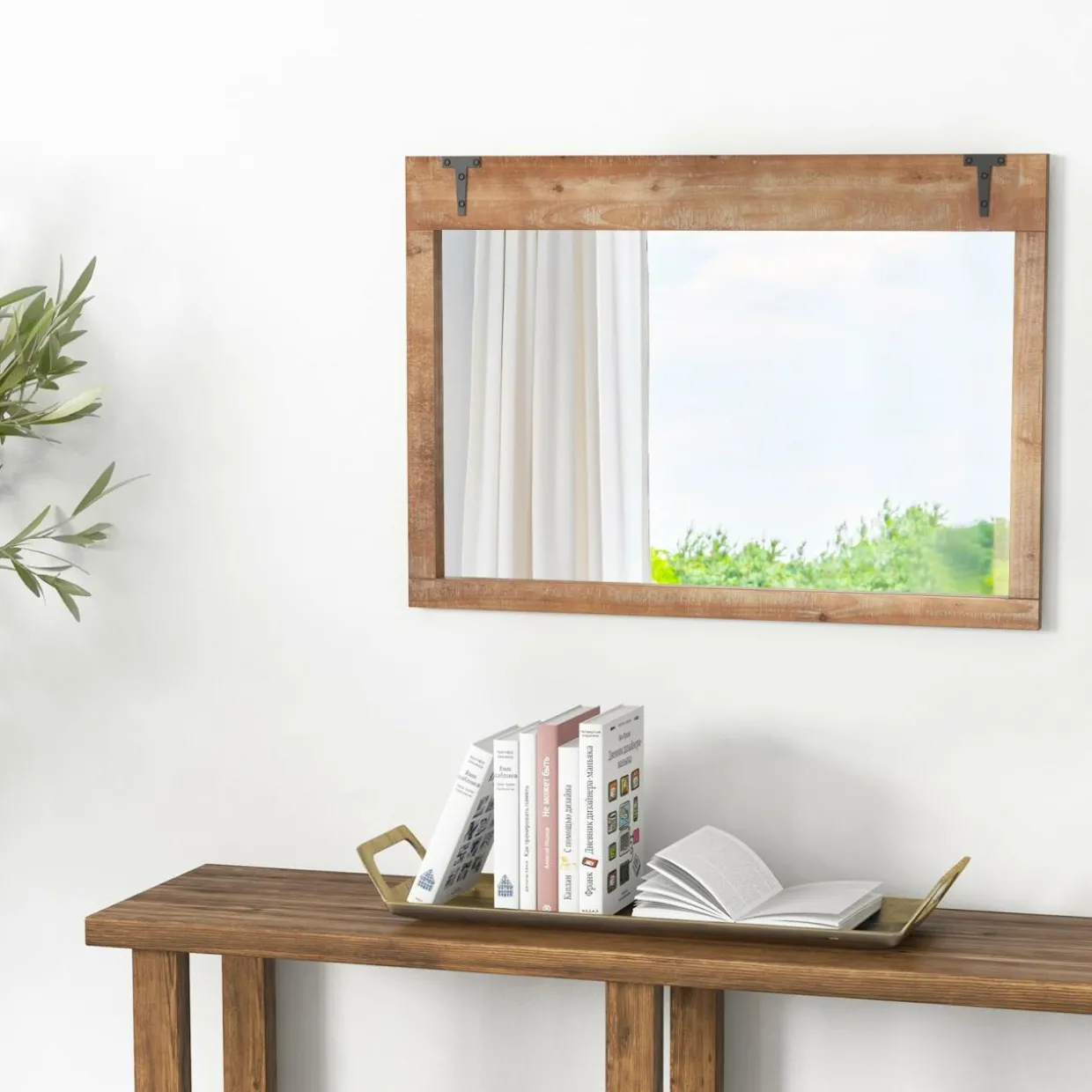 Tangkula Farmhouse Wall Mirror, 39" x 27.5" Rustic Barn Door Mirror w/Wood Frame