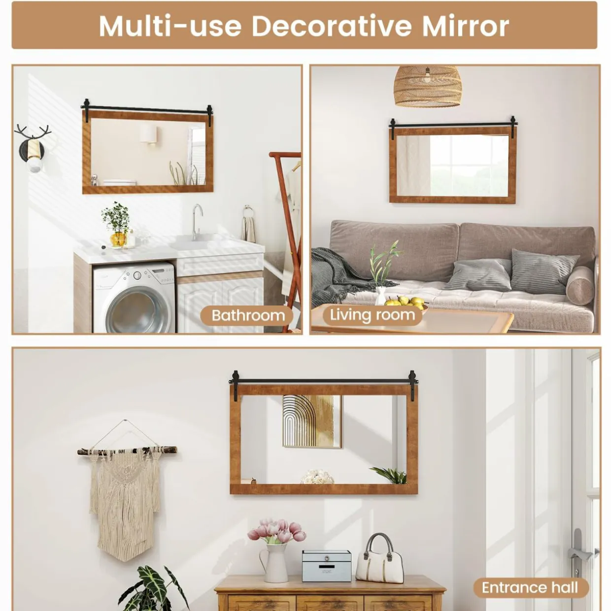 Tangkula Farmhouse Wall Mirror, 40" x 26" Rustic Bathroom Mirror with Fir Wood Frame