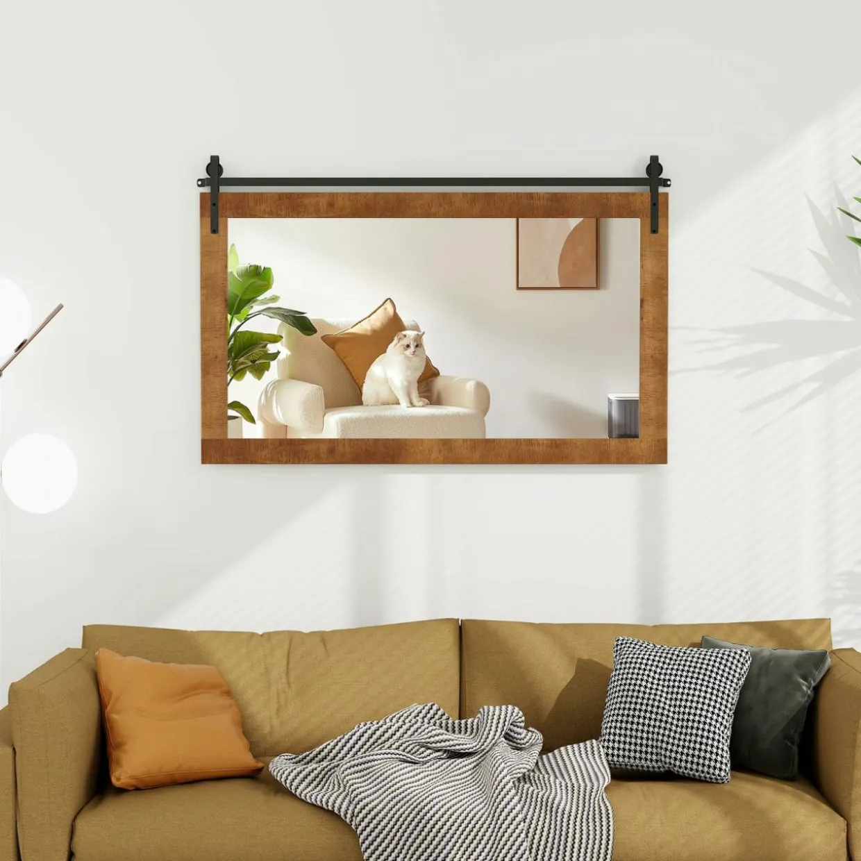 Tangkula Farmhouse Wall Mirror, 40" x 26" Rustic Bathroom Mirror with Fir Wood Frame