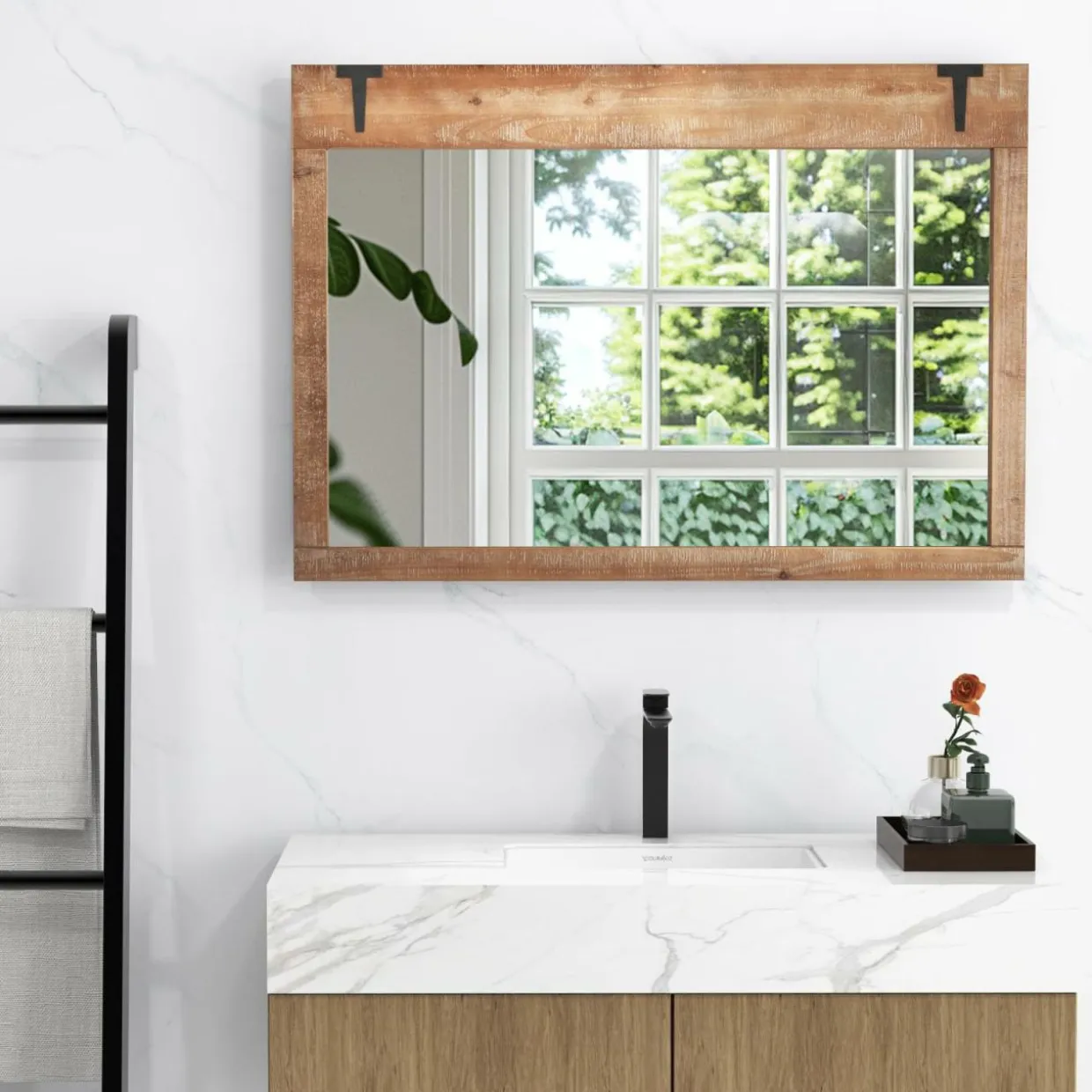 Tangkula Farmhouse Wall Mirror, 39" x 27.5" Rustic Barn Door Mirror w/Wood Frame