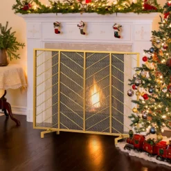 Tangkula Fireplace Screen, Contemporary Chevron Freestanding Fireplace Screen w/Sturdy Wrought Iron Frame