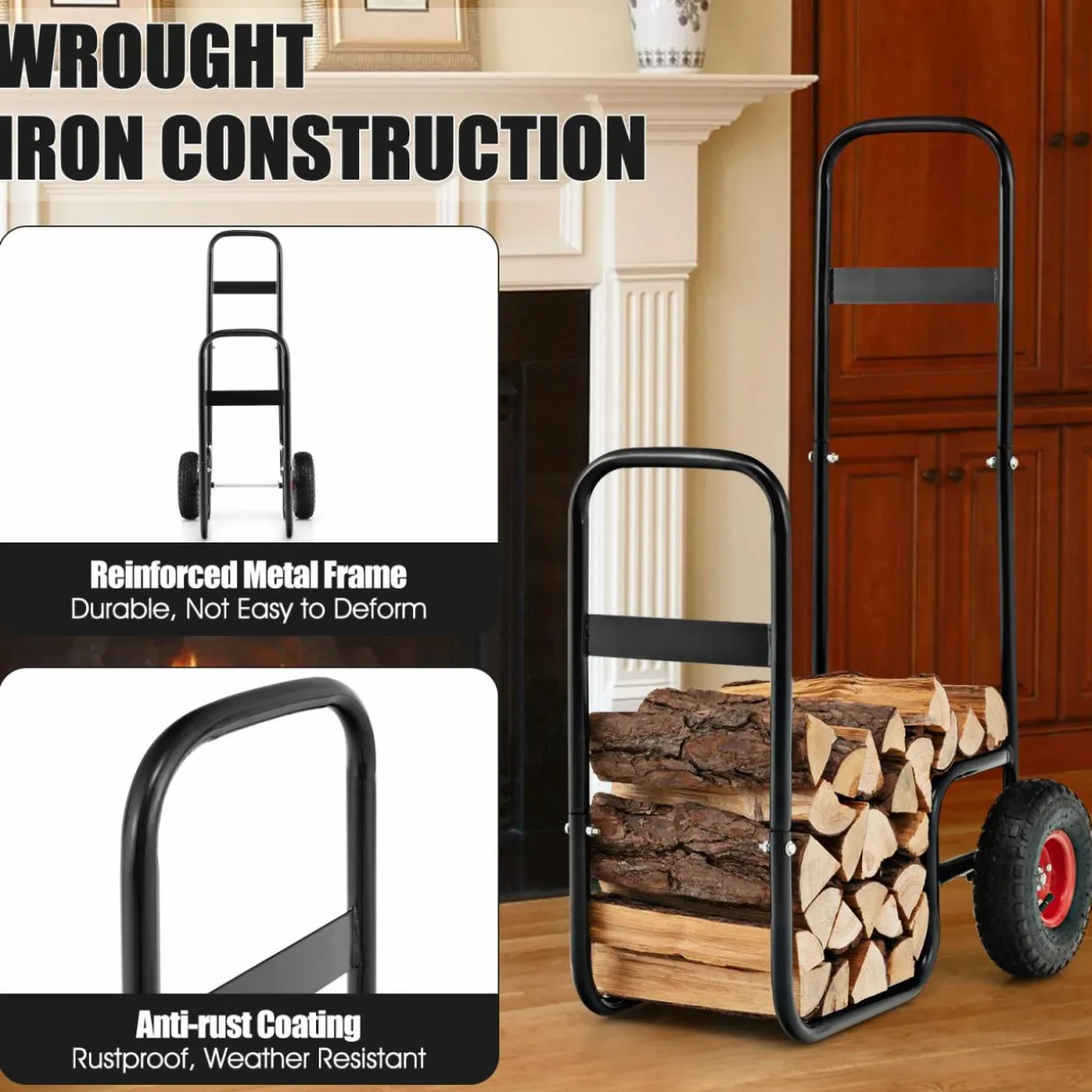 Tangkula Firewood Log Cart, Wood Rack Storage Mover with Rolling Wheels & Ergonomic Handle