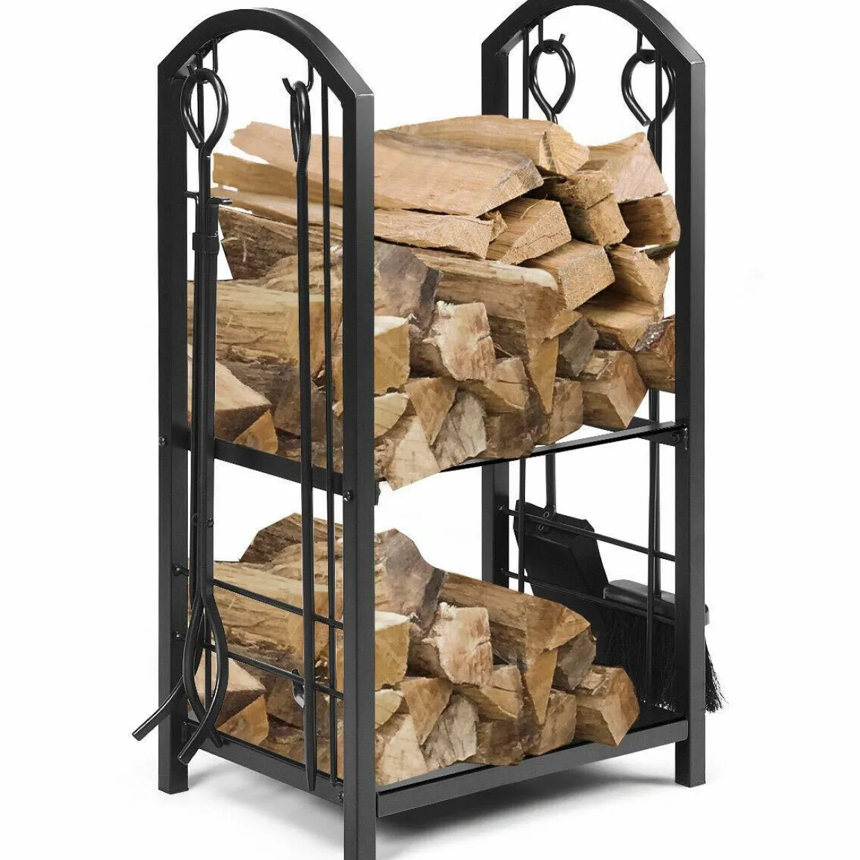 Tangkula Firewood Rack with 4 Fireplace Tools, Firewood Rack Bin Log Holder with Fireplace Tools Set (17.5" L x 12" W x 29.5" H)