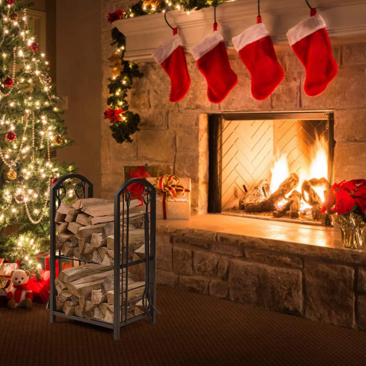 Tangkula Firewood Rack with 4 Fireplace Tools, Firewood Rack Bin Log Holder with Fireplace Tools Set (17.5" L x 12" W x 29.5" H)