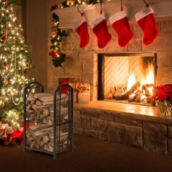 Tangkula Firewood Rack with 4 Fireplace Tools, Firewood Rack Bin Log Holder with Fireplace Tools Set