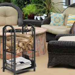 Tangkula Firewood Rack with 4 Fireplace Tools, Firewood Rack Bin Log Holder with Fireplace Tools Set (17.5