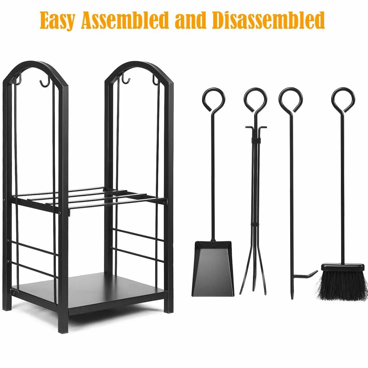 Tangkula Firewood Rack with 4 Fireplace Tools, Firewood Rack Bin Log Holder with Fireplace Tools Set (17.5" L x 12" W x 29.5" H)