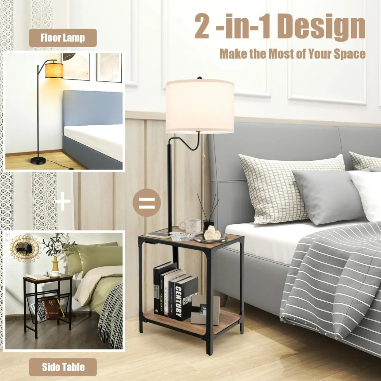 Tangkula Floor Lamp with End Table and USB Charging Ports