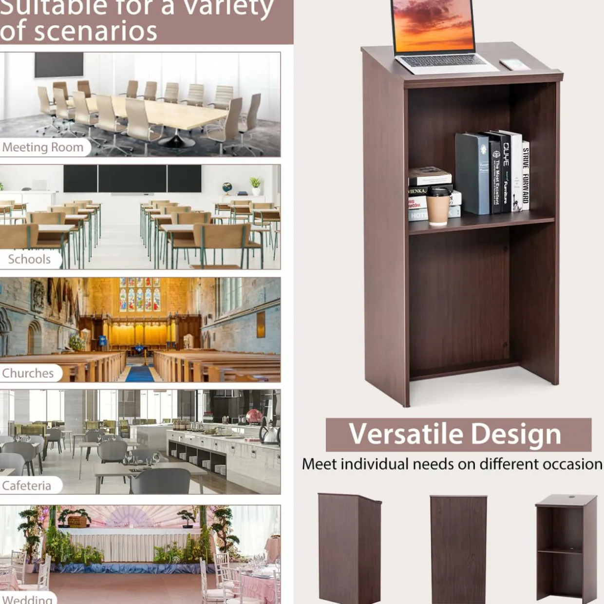 Tangkula Floor Standing Podium, Wooden Speaking Lectern with Adjustable Shelf