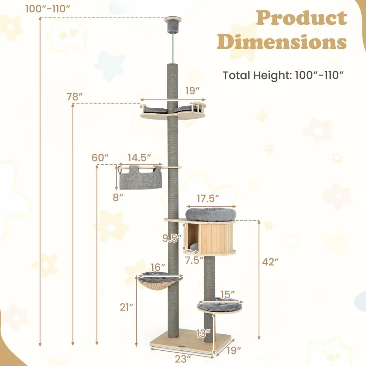 Tangkula Floor to Ceiling Cat Tree, 5 Tier Tall Cat Tower with Adjustable Height (100-110 Inch) for Large Cats