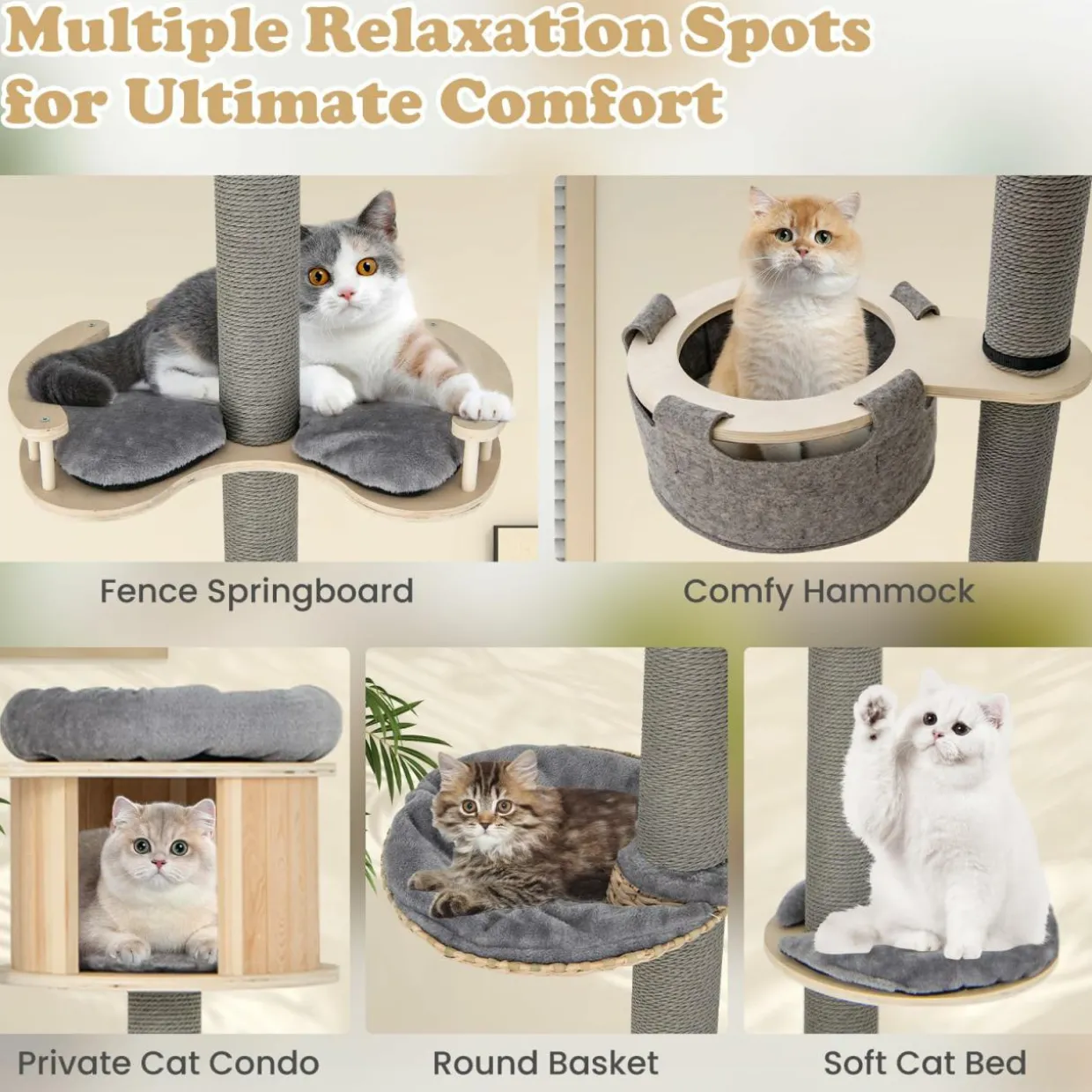 Tangkula Floor to Ceiling Cat Tree, 5 Tier Tall Cat Tower with Adjustable Height (100-110 Inch) for Large Cats