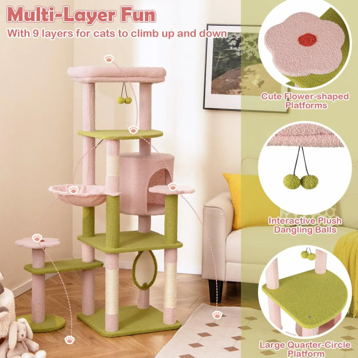 Tangkula Flower Cat Tree, 58 Inch Tall Cat Tower with Plush Padded Top Perch