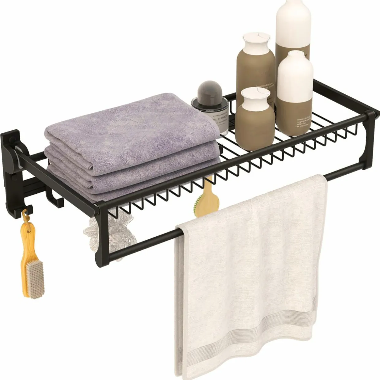 Tangkula Foldable Bathroom Shelf, Wall Mounted Bathroom Shelf Rack w/Adjustable Bar & Movable Hooks