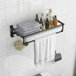 Tangkula Foldable Bathroom Shelf, Wall Mounted Bathroom Shelf Rack w/Adjustable Bar & Movable Hooks