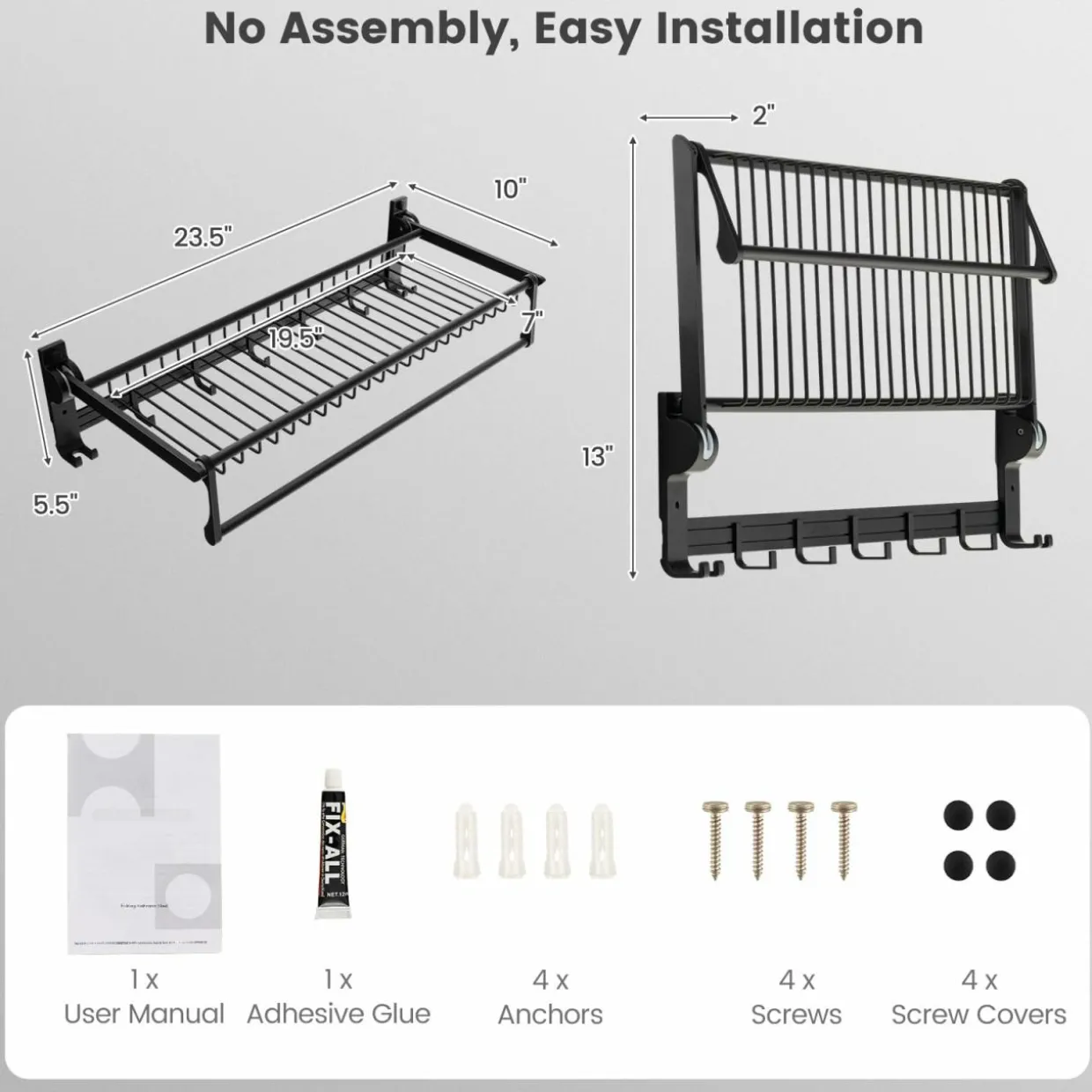 Tangkula Foldable Bathroom Shelf, Wall Mounted Bathroom Shelf Rack w/Adjustable Bar & Movable Hooks