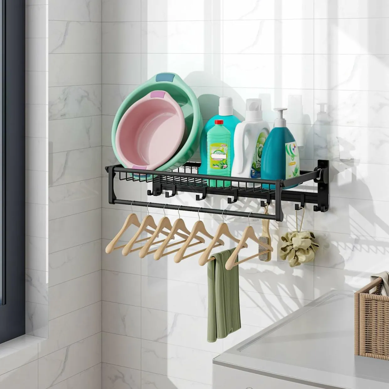 Tangkula Foldable Bathroom Shelf, Wall Mounted Bathroom Shelf Rack w/Adjustable Bar & Movable Hooks