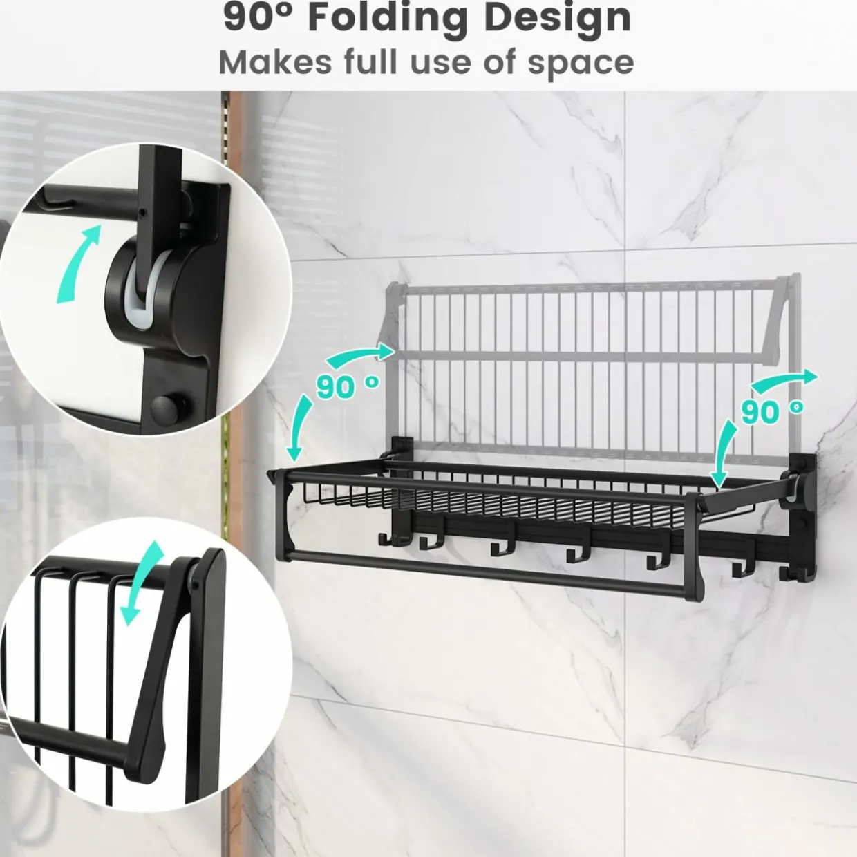 Tangkula Foldable Bathroom Shelf, Wall Mounted Bathroom Shelf Rack w/Adjustable Bar & Movable Hooks