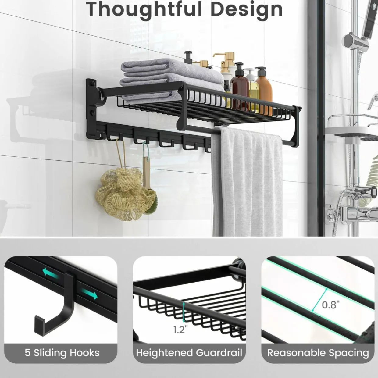 Tangkula Foldable Bathroom Shelf, Wall Mounted Bathroom Shelf Rack w/Adjustable Bar & Movable Hooks