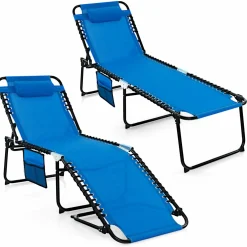 Tangkula Foldable Beach Lounge Chair for Outdoor, Reclining Chair with Removable Headrest
