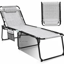 Tangkula Foldable Beach Lounge Chair for Outdoor, Reclining Chair with Removable Headrest