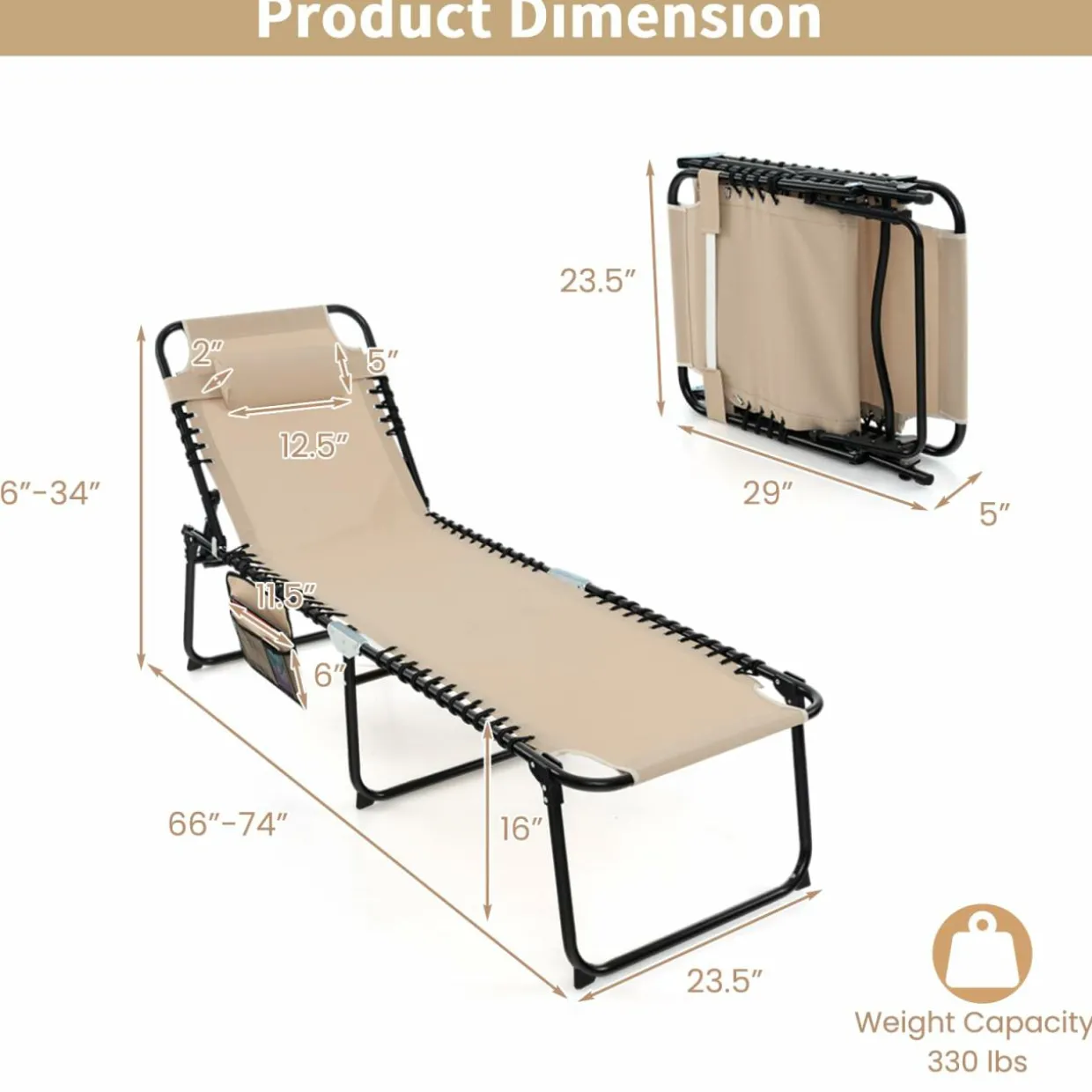 Tangkula Foldable Beach Lounge Chair for Outdoor, Reclining Chair with Removable Headrest