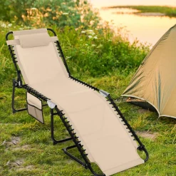 Tangkula Foldable Beach Lounge Chair for Outdoor, Reclining Chair with Removable Headrest