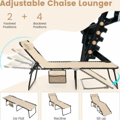 Tangkula Foldable Beach Lounge Chair for Outdoor, Reclining Chair with Removable Headrest