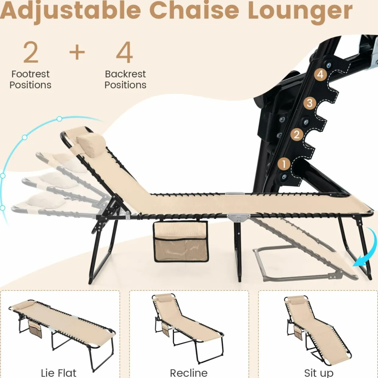 Tangkula Foldable Beach Lounge Chair for Outdoor, Reclining Chair with Removable Headrest