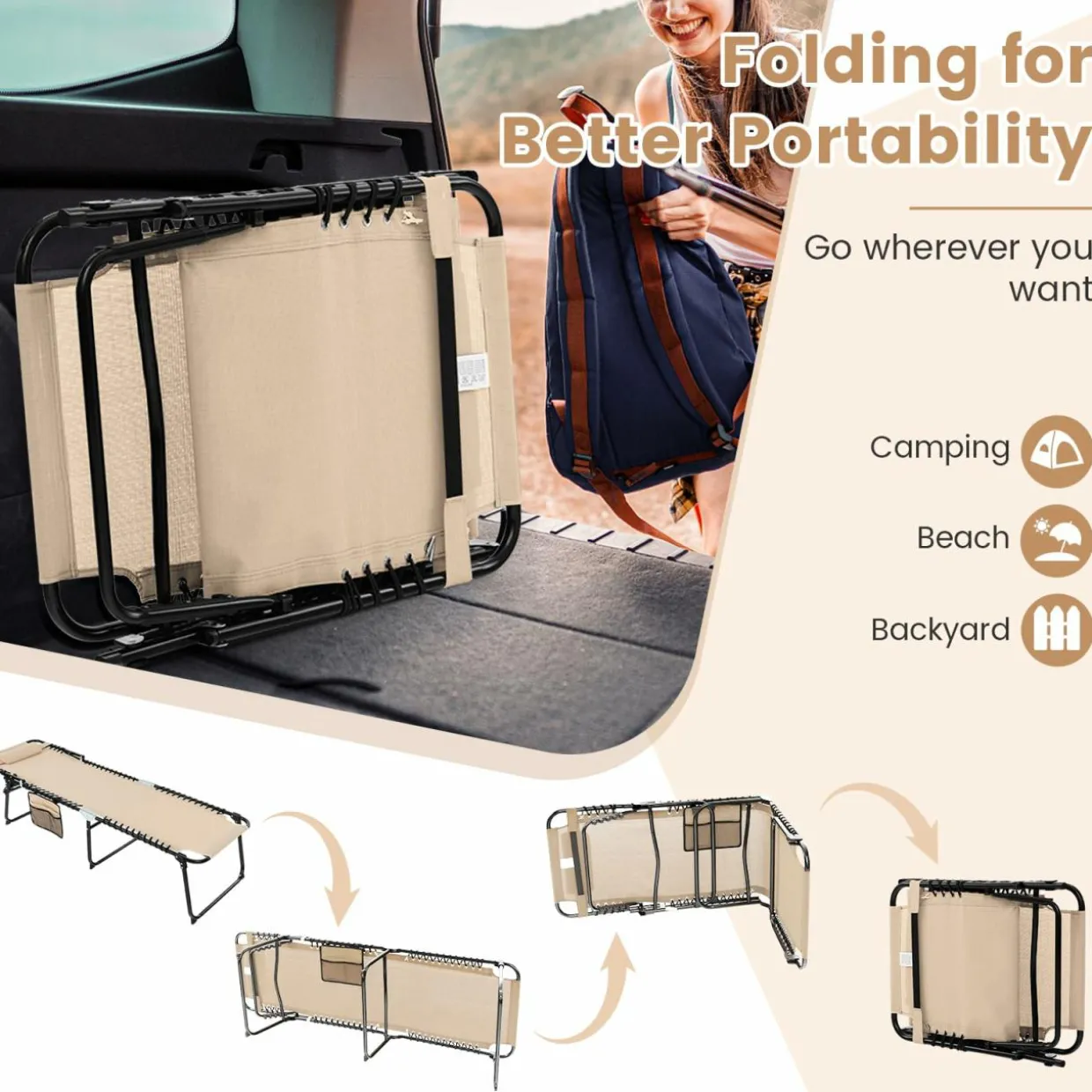 Tangkula Foldable Beach Lounge Chair for Outdoor, Reclining Chair with Removable Headrest