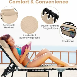 Tangkula Foldable Beach Lounge Chair for Outdoor, Reclining Chair with Removable Headrest