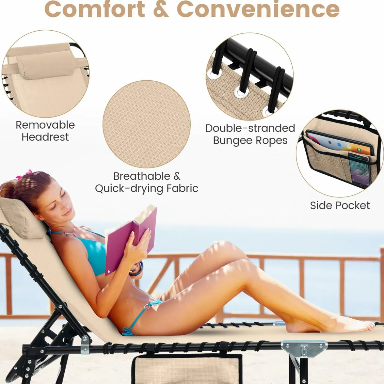 Tangkula Foldable Beach Lounge Chair for Outdoor, Reclining Chair with Removable Headrest