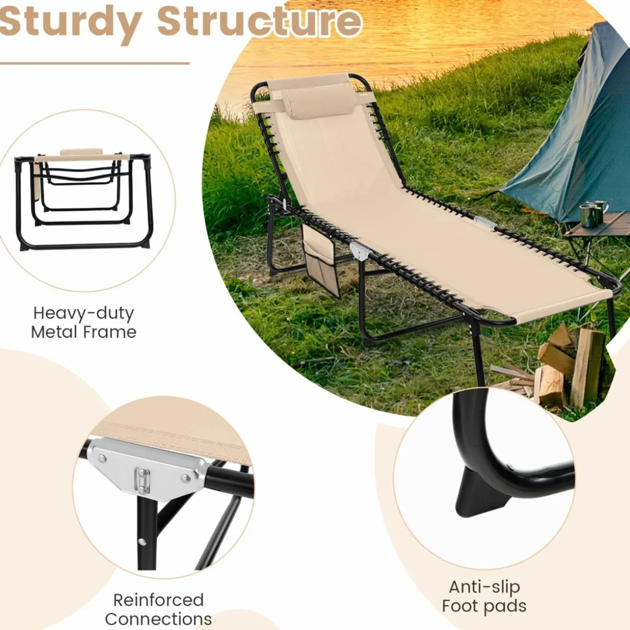 Tangkula Foldable Beach Lounge Chair for Outdoor, Reclining Chair with Removable Headrest