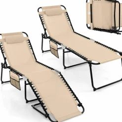 Tangkula Foldable Beach Lounge Chair for Outdoor, Reclining Chair with Removable Headrest