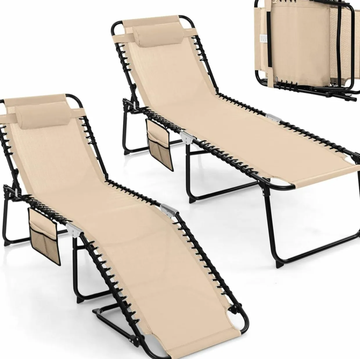 Tangkula Foldable Beach Lounge Chair for Outdoor, Reclining Chair with Removable Headrest
