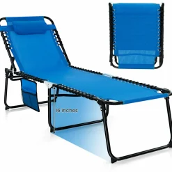Tangkula Foldable Beach Lounge Chair for Outdoor, Reclining Chair with Removable Headrest