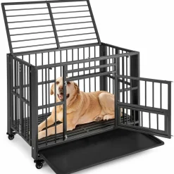 Tangkula Foldable Dog Crate, 3-Door Heavy Duty Dog Kennel with Removable Crate Tray