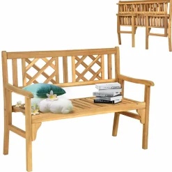 Tangkula Foldable Garden Acacia Wood Bench, Folding Patio Bench with Solid Hard Wood Structure,Locks, Wide Armrest & Backrest