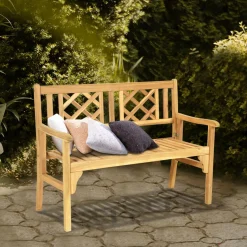 Tangkula Foldable Garden Acacia Wood Bench, Folding Patio Bench with Solid Hard Wood Structure,Locks, Wide Armrest & Backrest