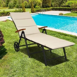 Tangkula Foldable Outdoor Chaise Lounger, Wicker Lounger Chair with Aluminum Black Frame, Wheels for Easy Moving