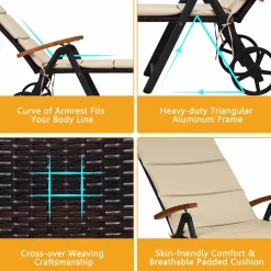 Tangkula Foldable Outdoor Chaise Lounger, Wicker Lounger Chair with Aluminum Black Frame, Wheels for Easy Moving
