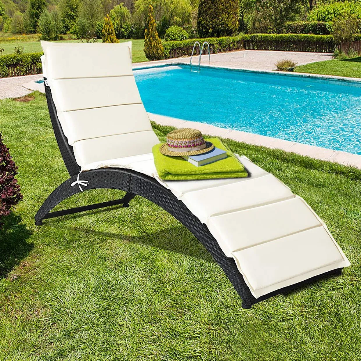 Tangkula Foldable Patio Lounge Chair, Outdoor Rattan Lounger Chaise