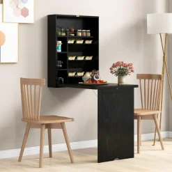 Tangkula Foldable Wall Mounted Desk, Floating Desk with Storage Shelves & Hooks